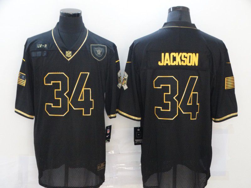 Men Oakland Raiders #34 Jackson Black Retro Gold Lettering 2020 Nike NFL Jersey